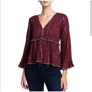 Bohemian‎ Wine Top Chloe Oliver Red Lurex Top with Stitching Embroidery Blouse S
